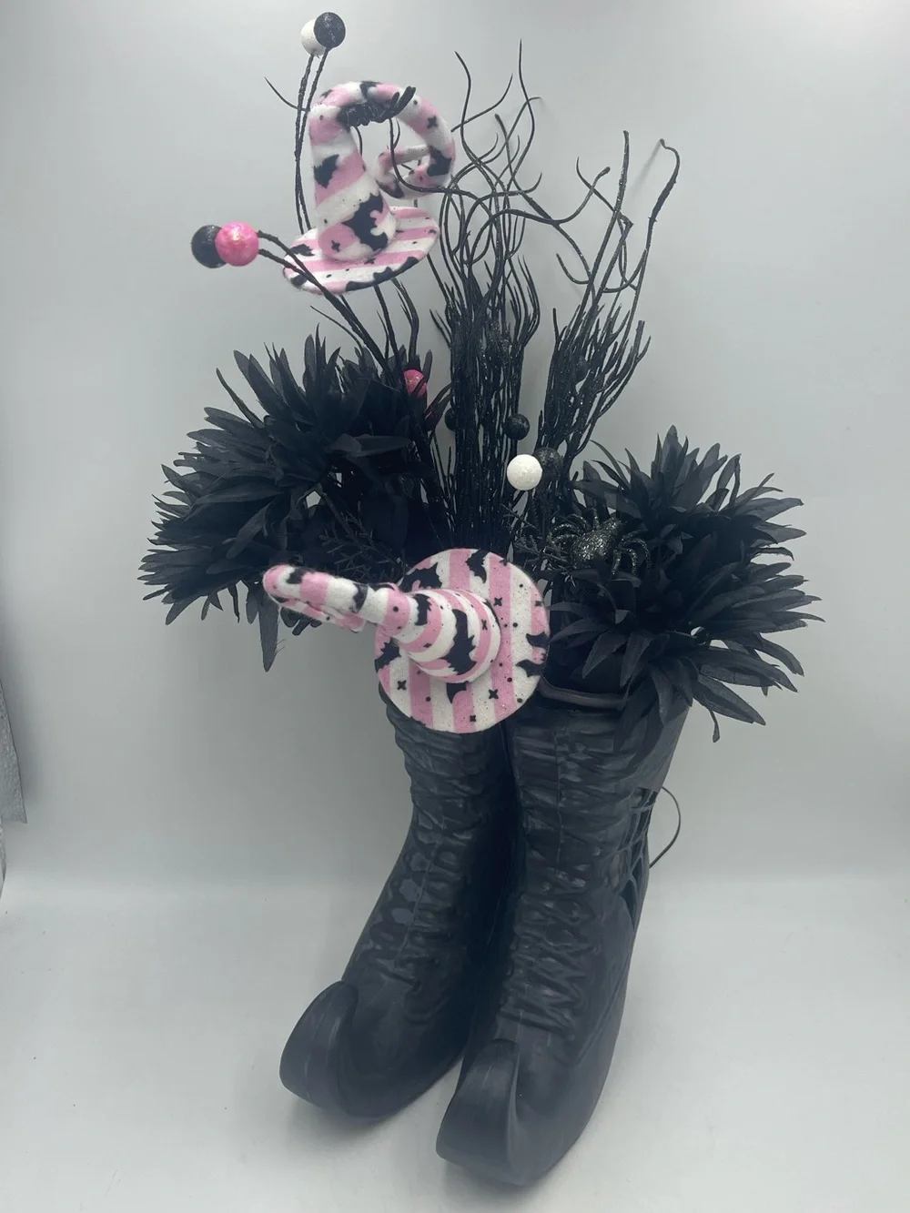 Gothic Halloween Centerpiece Witch Boots Plastic Vase w/Pink Hats & Faux Florals